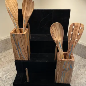 Olive Wood Utensils Displayed in Olive Wood Holders