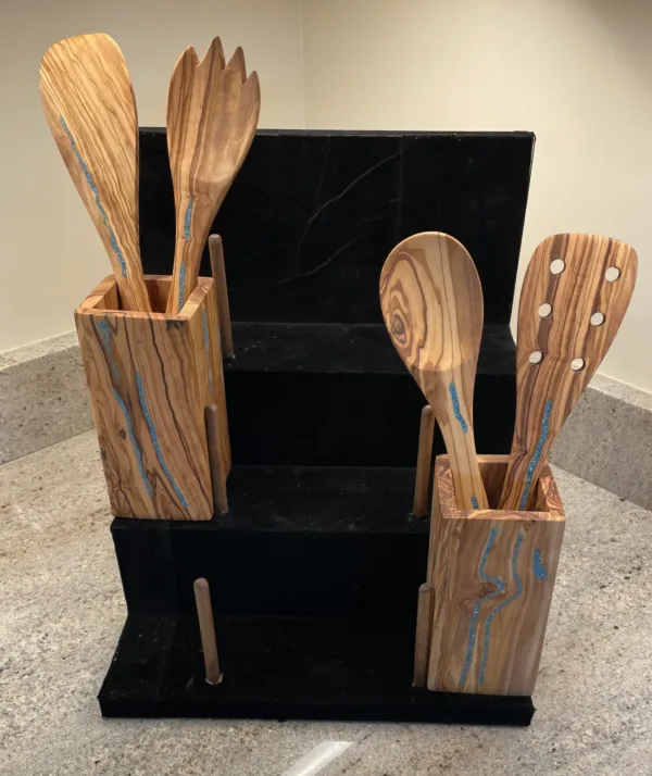 Olive Wood Utensils Displayed in Olive Wood Holders