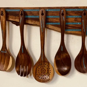 5 Piece Teak Utensil Set Displayed on Pecan Utensil Holder