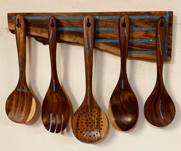 5 Piece Teak Utensil Set Displayed on Pecan Utensil Holder