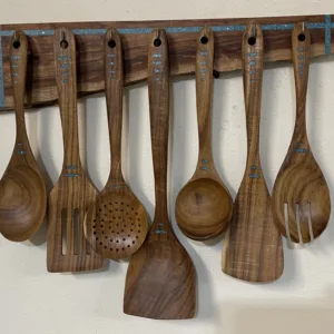 7 Piece Teak Spatula Set Displayed on Pecan Utensil Hanger