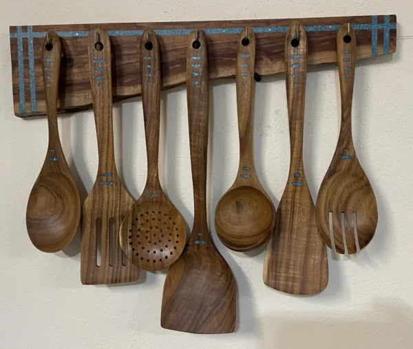 7 Piece Teak Spatula Set Displayed on Pecan Utensil Hanger