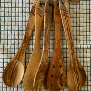 5 Piece Olive Wood Utensil Set- "Turquoise + Coral" Design