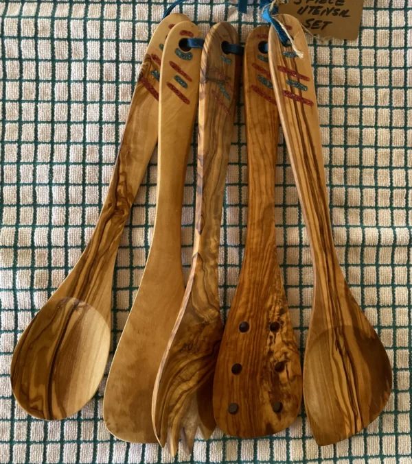 5 Piece Olive Wood Utensil Set- "Turquoise + Coral" Design