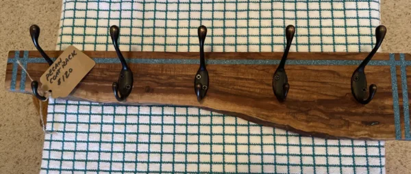 5 Hook Live Edge Pecan Coat Rack-"Lines" Design