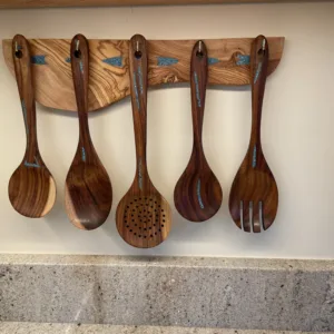 5 Piece Teak Utensil Set Displayed on Olive Wood Hanger