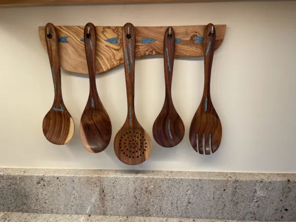 5 Piece Teak Utensil Set Displayed on Olive Wood Hanger