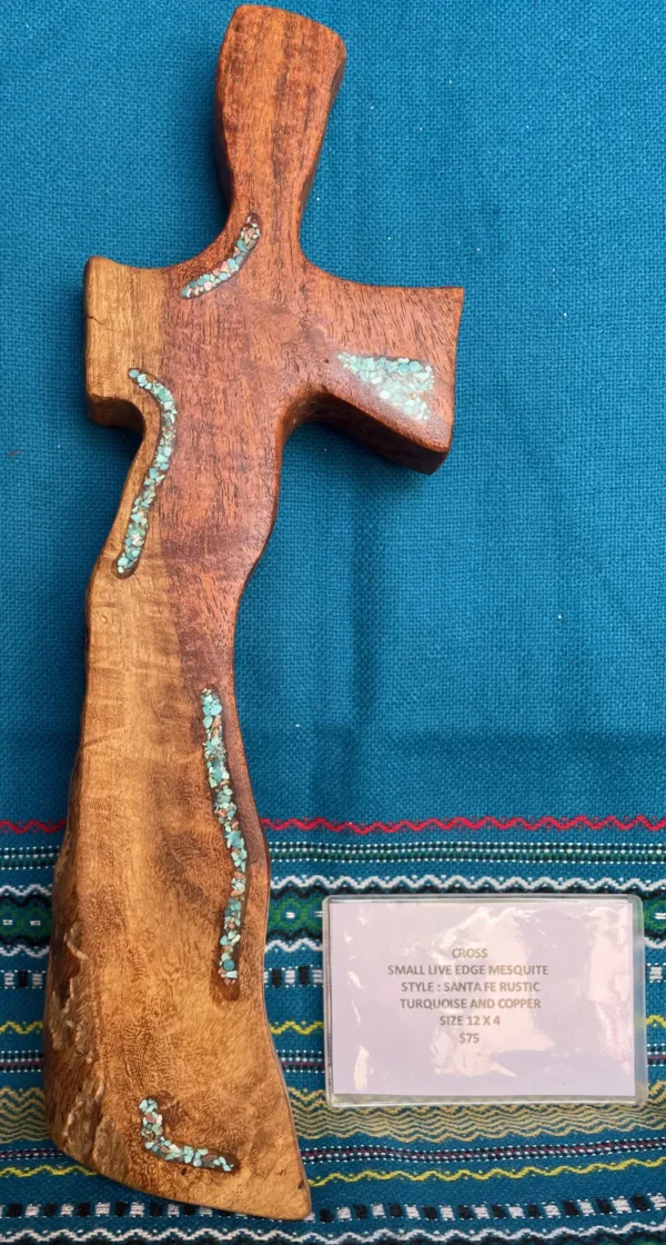 Live Edge Mesquite Cross- "Turquoise + Copper" Design